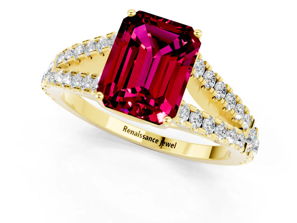Yellow gold Emerald Cut Garnet Split Shank Engagement Ring with Round Pavé and Prong Setting