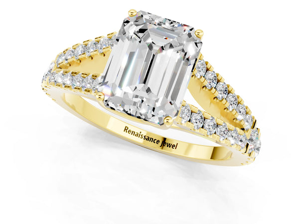 Yellow gold Emerald Cut Moissanite Split Shank Engagement Ring with Round Pavé and Prong Setting