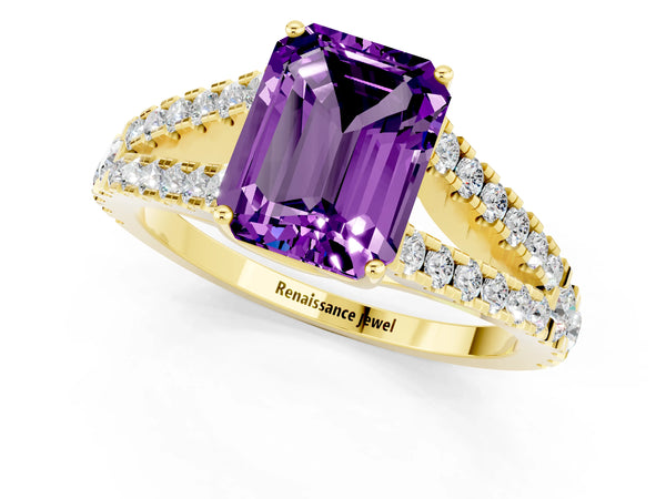 Yellow gold Emerald Cut Amethyst Split Shank Engagement Ring with Round Pavé and Prong Setting