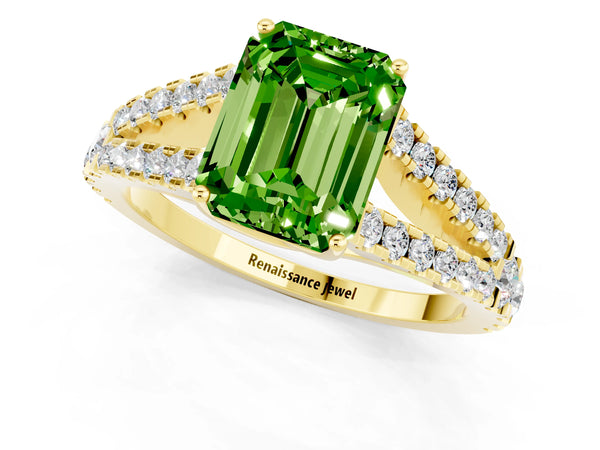 Yellow gold Emerald Cut Cut Split Shank Pave Diamond Engagement Ring with Four-Prong Setting