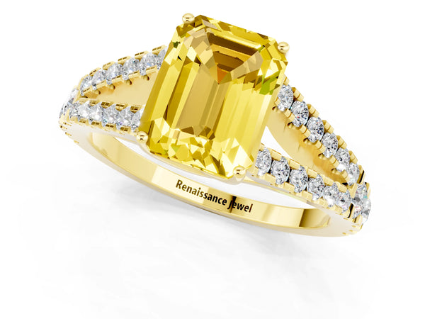 Yellow gold Emerald Cut Yellow Sapphire Split Shank Engagement Ring with Round Pavé and Prong Setting