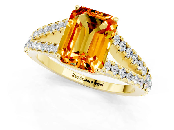 Yellow gold Emerald Cut Citrine Split Shank Engagement Ring with Round Pavé and Prong Setting