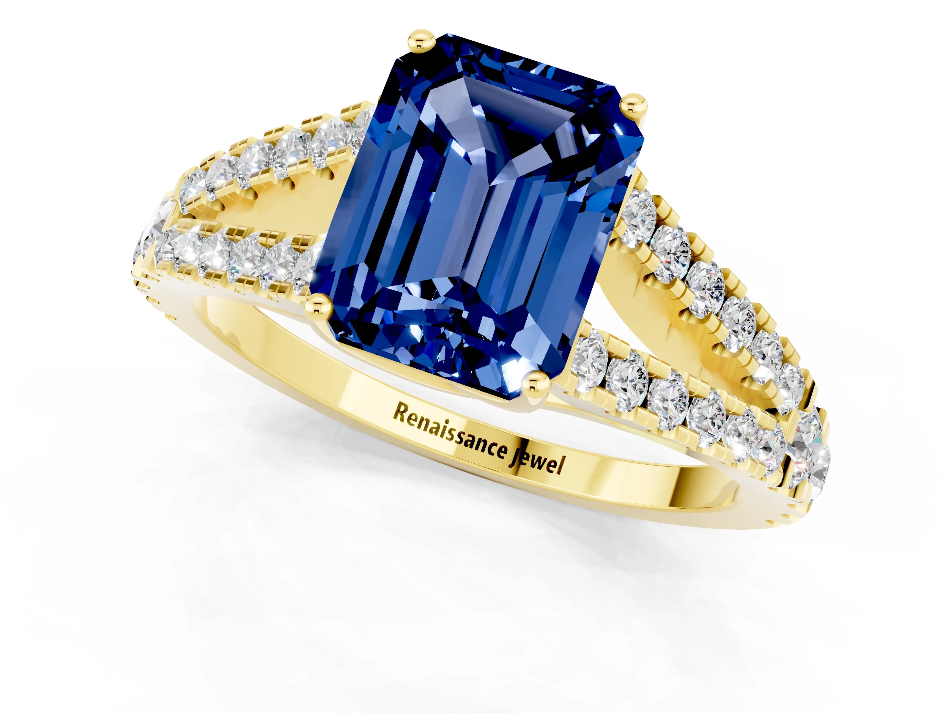 Yellow gold Emerald Cut Cut Split Shank Pave Diamond Engagement Ring with Four-Prong Setting_1