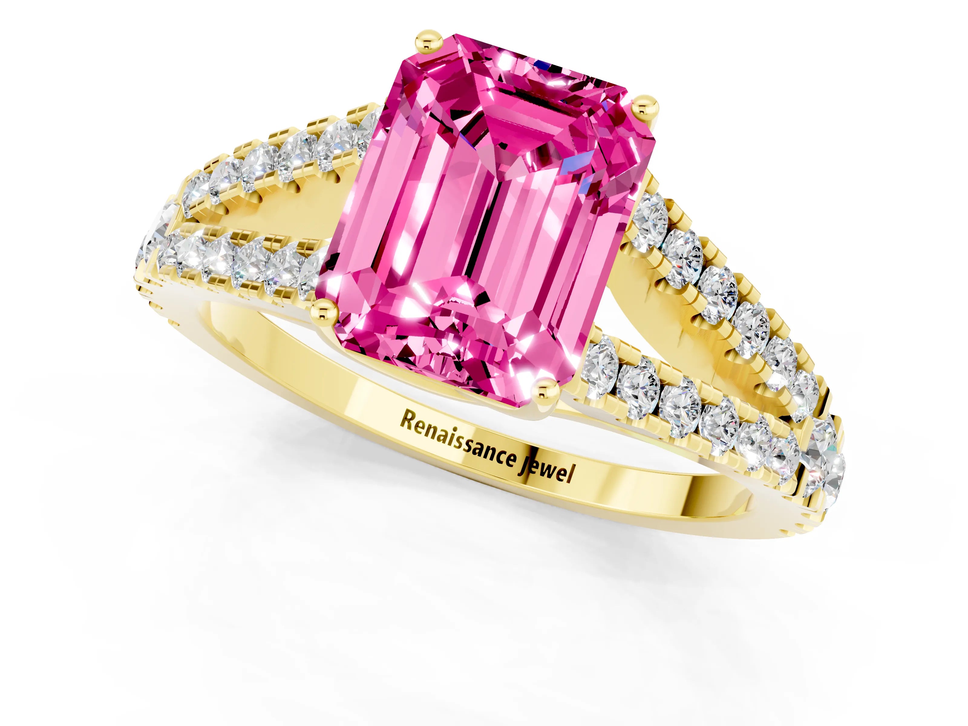 Yellow gold Emerald Cut Cut Split Shank Pave Diamond Engagement Ring with Four-Prong Setting_1