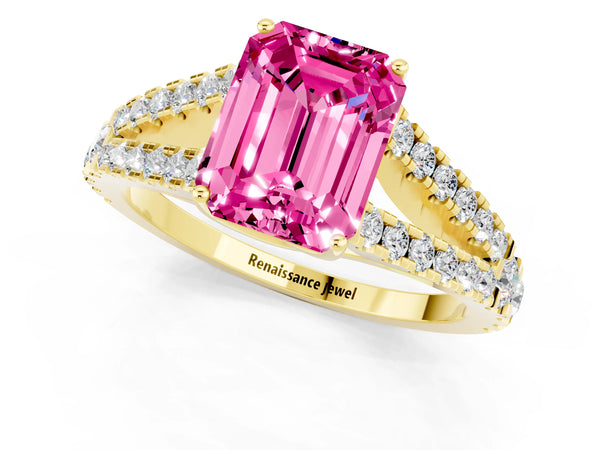 Yellow gold Emerald Cut Pink Sapphire Split Shank Engagement Ring with Round Pavé and Prong Setting