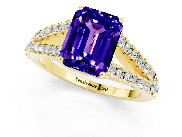Yellow gold Emerald Cut Tanzanite Split Shank Engagement Ring with Round Pavé and Prong Setting