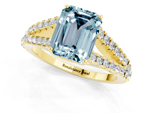 Yellow gold Emerald Cut Aquamarine Split Shank Engagement Ring with Round Pavé and Prong Setting
