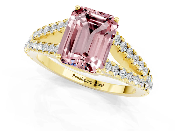 Yellow gold Emerald Cut Cut Split Shank Pave Diamond Engagement Ring with Four-Prong Setting