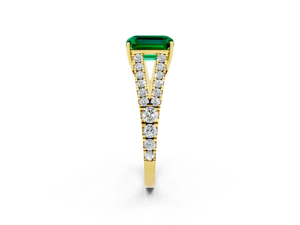 Yellow gold Emerald Cut Emerald Split Shank Engagement Ring with Round Pavé and Prong Setting