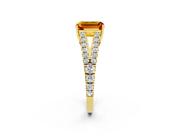 Yellow gold Emerald Cut Citrine Split Shank Engagement Ring with Round Pavé and Prong Setting