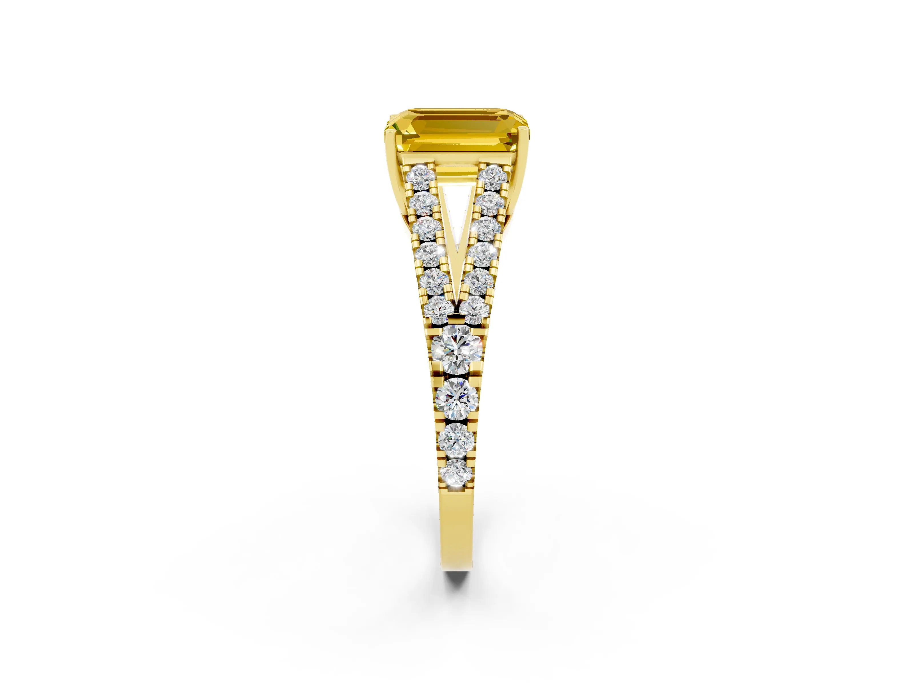 Yellow gold Emerald Cut Cut Split Shank Pave Diamond Engagement Ring with Four-Prong Setting_2