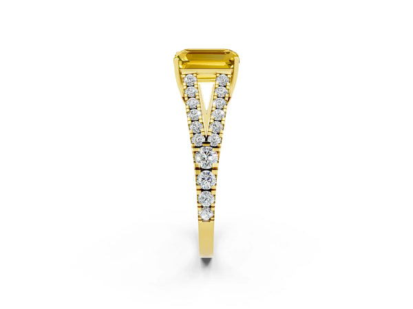 Yellow gold Emerald Cut Yellow Sapphire Split Shank Engagement Ring with Round Pavé and Prong Setting
