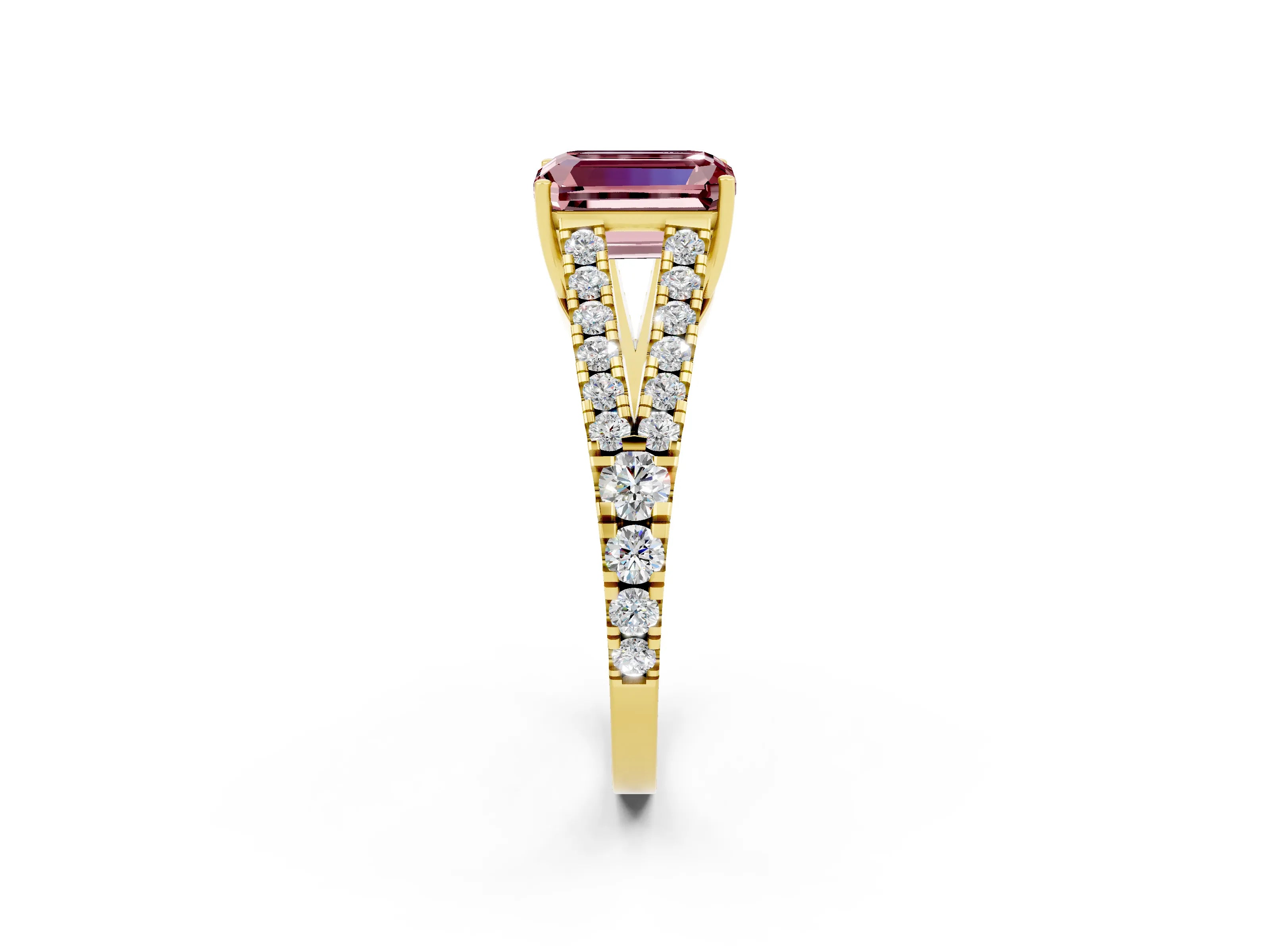 Yellow gold Emerald Cut Cut Split Shank Pave Diamond Engagement Ring with Four-Prong Setting_2