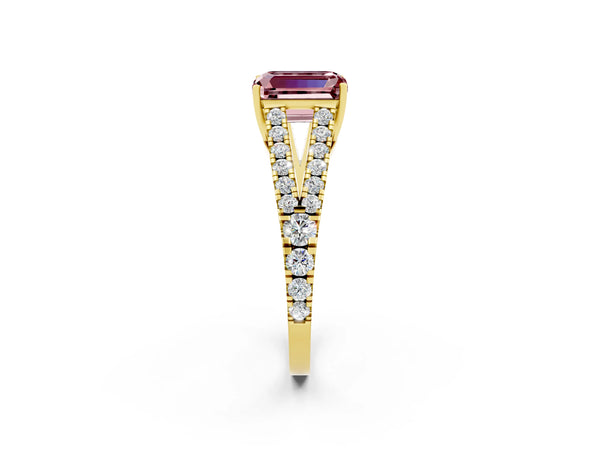 Yellow gold Emerald Cut Cut Split Shank Pave Diamond Engagement Ring with Four-Prong Setting