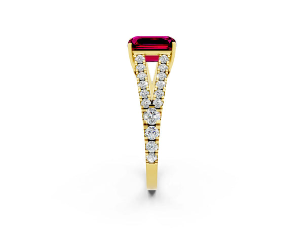 Yellow gold Emerald Cut Garnet Split Shank Engagement Ring with Round Pavé and Prong Setting