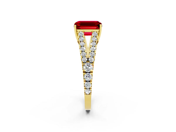 Yellow gold Emerald Cut Ruby Split Shank Engagement Ring with Round Pavé and Prong Setting