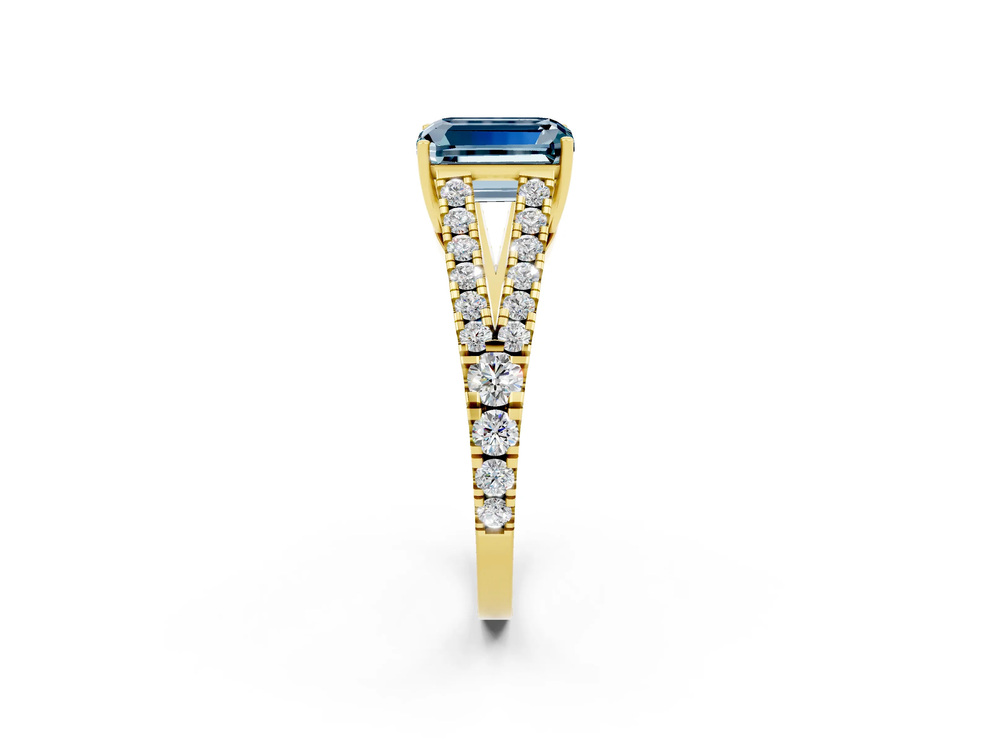 Yellow gold Emerald Cut Cut Split Shank Pave Diamond Engagement Ring with Four-Prong Setting_2