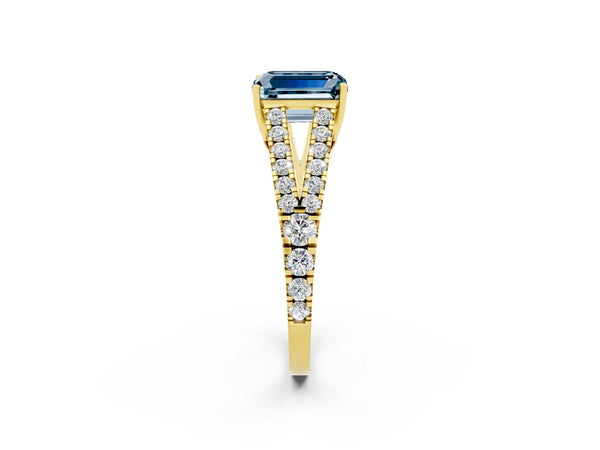 Yellow gold Emerald Cut Aquamarine Split Shank Engagement Ring with Round Pavé and Prong Setting