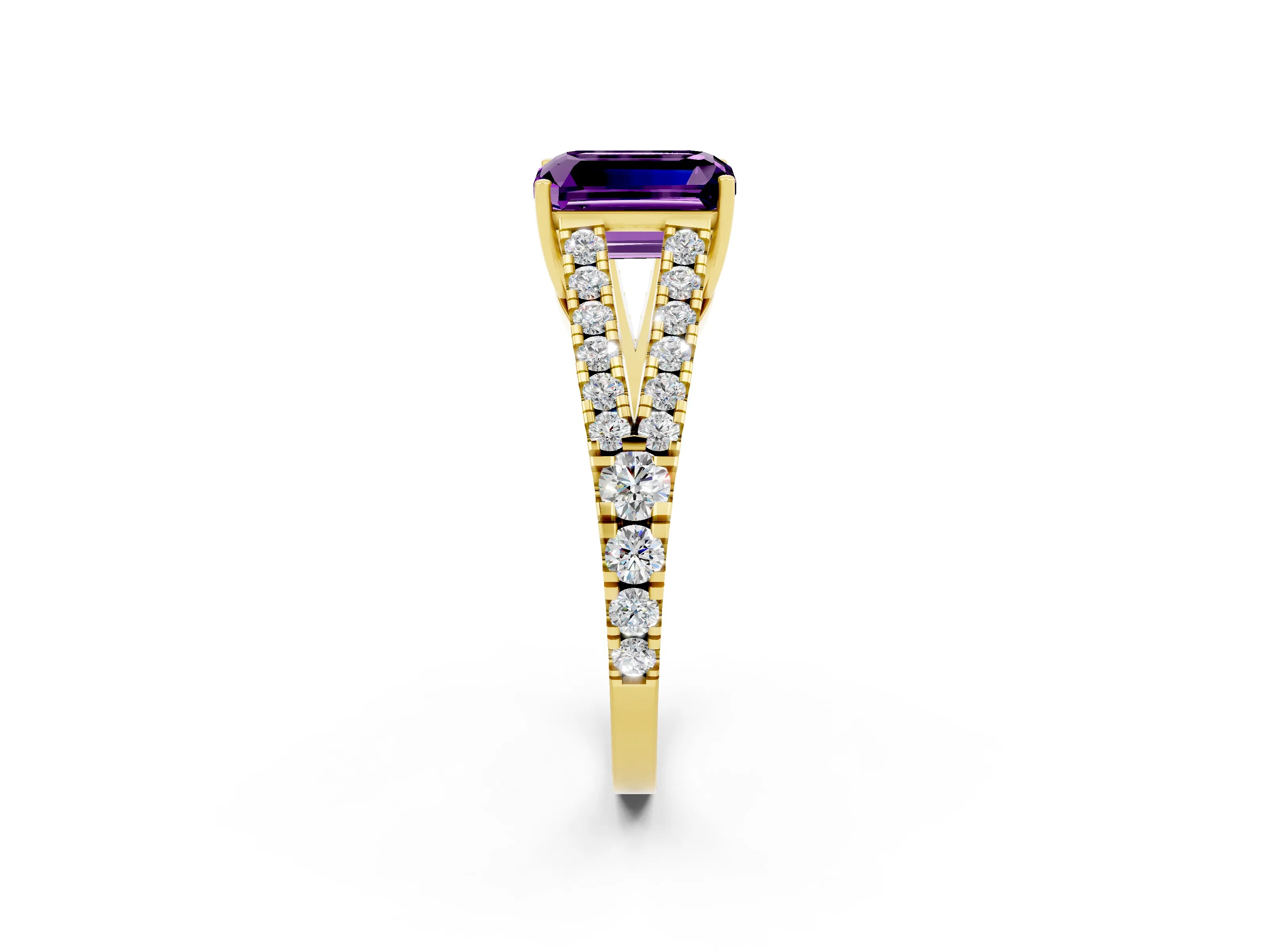Yellow gold Emerald Cut Cut Split Shank Pave Diamond Engagement Ring with Four-Prong Setting_2