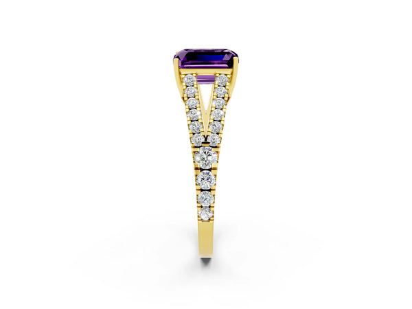 Yellow gold Emerald Cut Amethyst Split Shank Engagement Ring with Round Pavé and Prong Setting