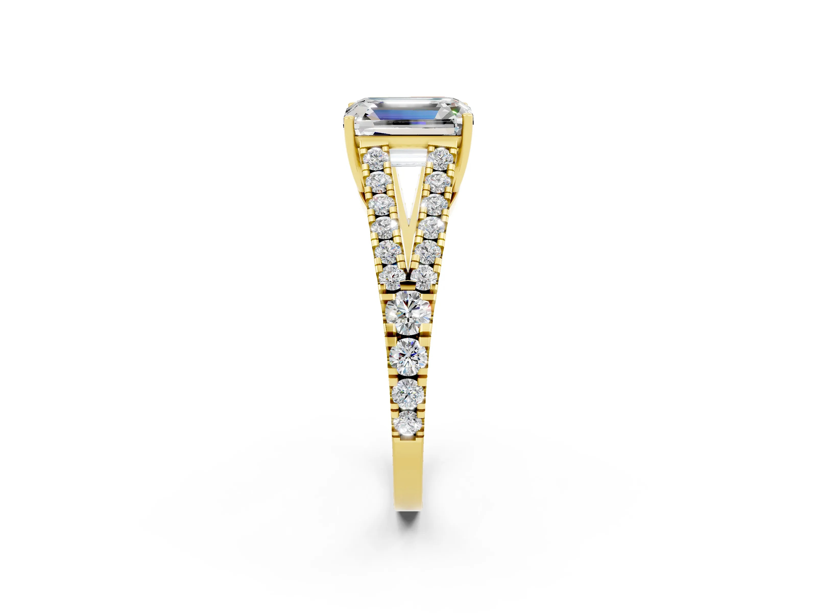 Yellow gold Emerald Cut Cut Split Shank Pave Diamond Engagement Ring with Four-Prong Setting_2