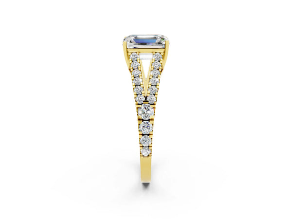 Yellow gold Emerald Cut Moissanite Split Shank Engagement Ring with Round Pavé and Prong Setting