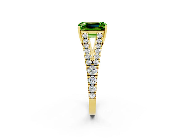 Yellow gold Emerald Cut Cut Split Shank Pave Diamond Engagement Ring with Four-Prong Setting