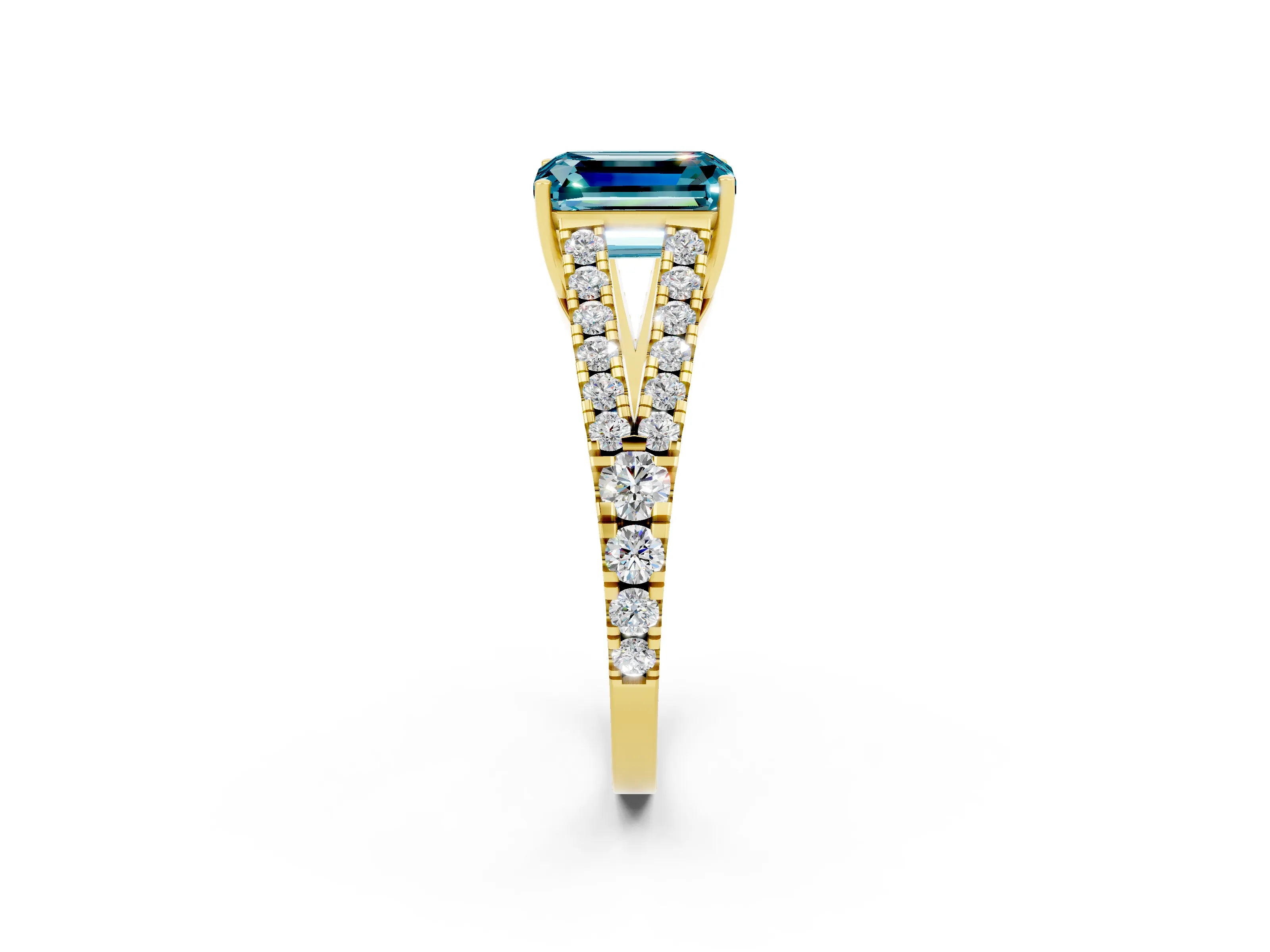 Yellow gold Emerald Cut Cut Split Shank Pave Diamond Engagement Ring with Four-Prong Setting_2