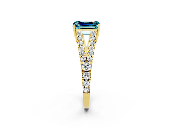 Yellow gold Emerald Cut Cut Split Shank Pave Diamond Engagement Ring with Four-Prong Setting