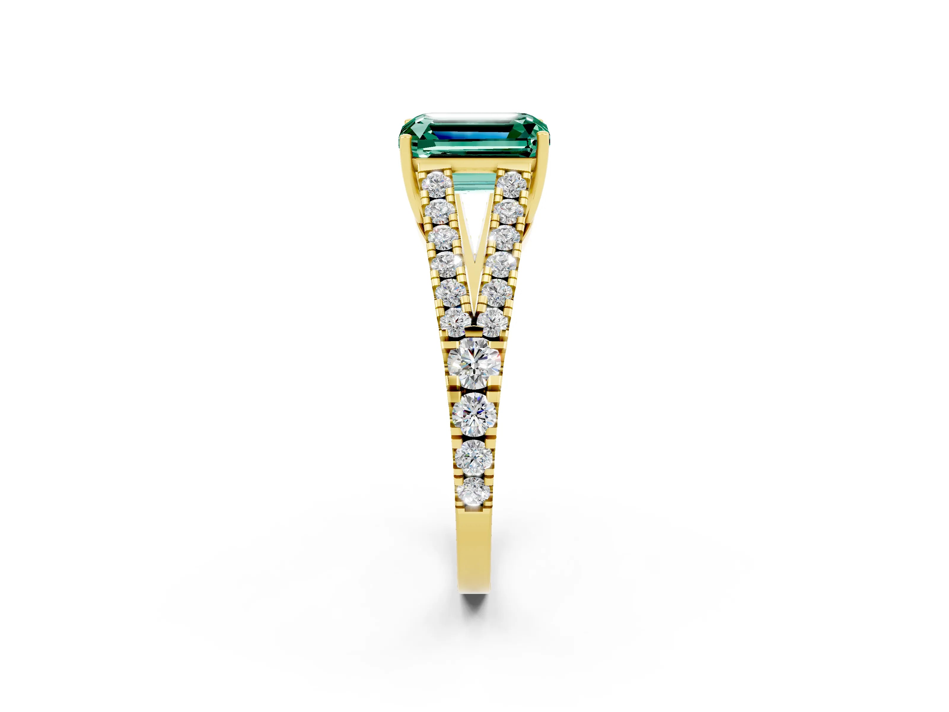 Yellow gold Emerald Cut Cut Split Shank Pave Diamond Engagement Ring with Four-Prong Setting_2