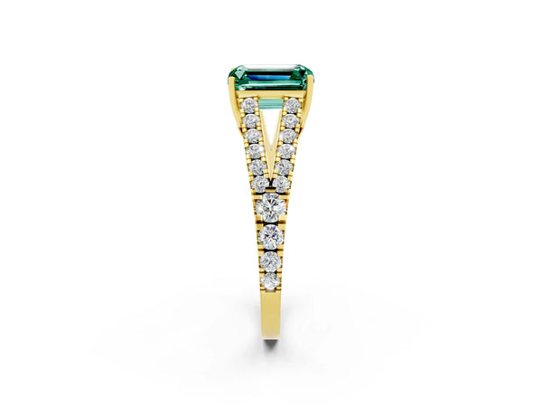 Yellow gold Emerald Cut Green Sapphire Split Shank Engagement Ring with Round Pavé and Prong Setting