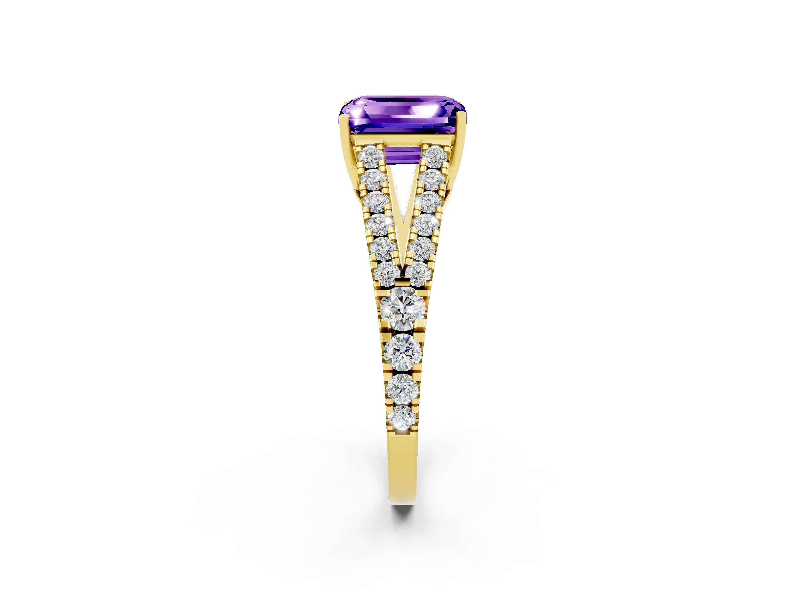 Yellow gold Emerald Cut Cut Split Shank Pave Diamond Engagement Ring with Four-Prong Setting_2