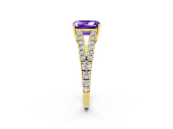 Yellow gold Emerald Cut Tanzanite Split Shank Engagement Ring with Round Pavé and Prong Setting