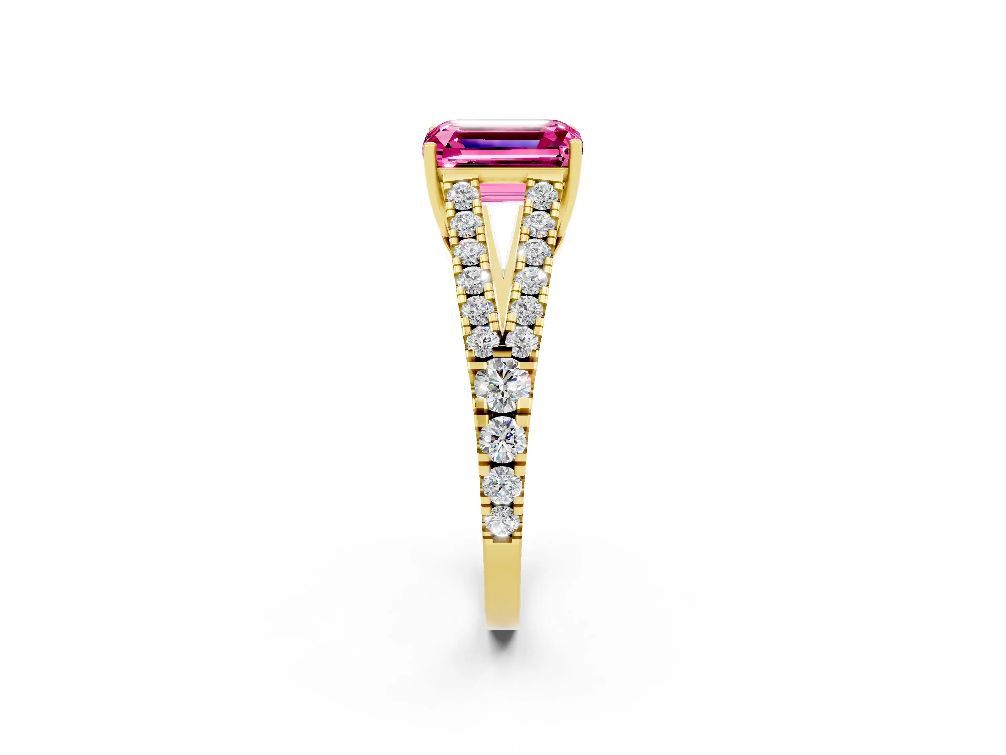 Yellow gold Emerald Cut Cut Split Shank Pave Diamond Engagement Ring with Four-Prong Setting_2