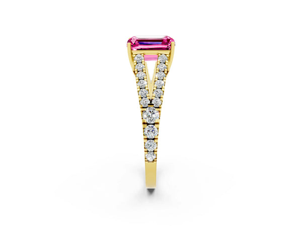 Yellow gold Emerald Cut Pink Sapphire Split Shank Engagement Ring with Round Pavé and Prong Setting