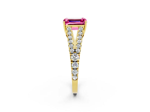 Yellow gold Emerald Cut Cut Split Shank Pave Diamond Engagement Ring with Four-Prong Setting_2