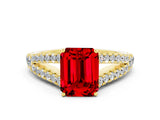 Yellow gold Emerald Cut Cut Split Shank Pave Diamond Engagement Ring with Four-Prong Setting