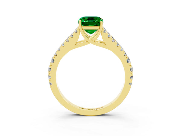 Yellow gold Emerald Cut Emerald Split Shank Engagement Ring with Round Pavé and Prong Setting