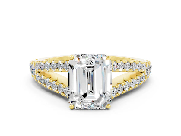 Yellow gold Emerald Cut Moissanite Split Shank Engagement Ring with Round Pavé and Prong Setting
