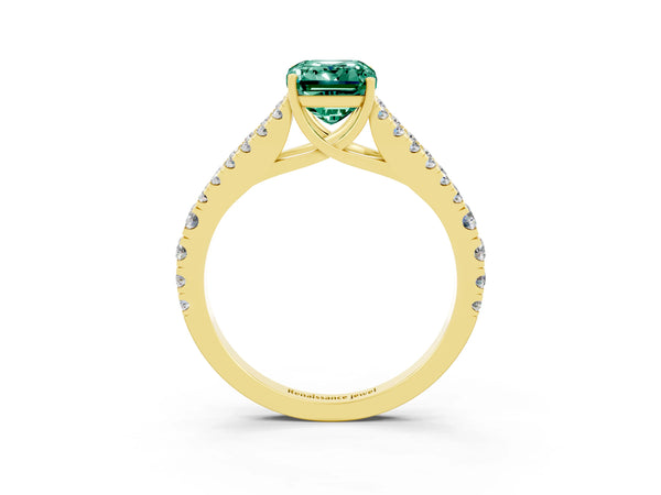Yellow gold Emerald Cut Green Sapphire Split Shank Engagement Ring with Round Pavé and Prong Setting