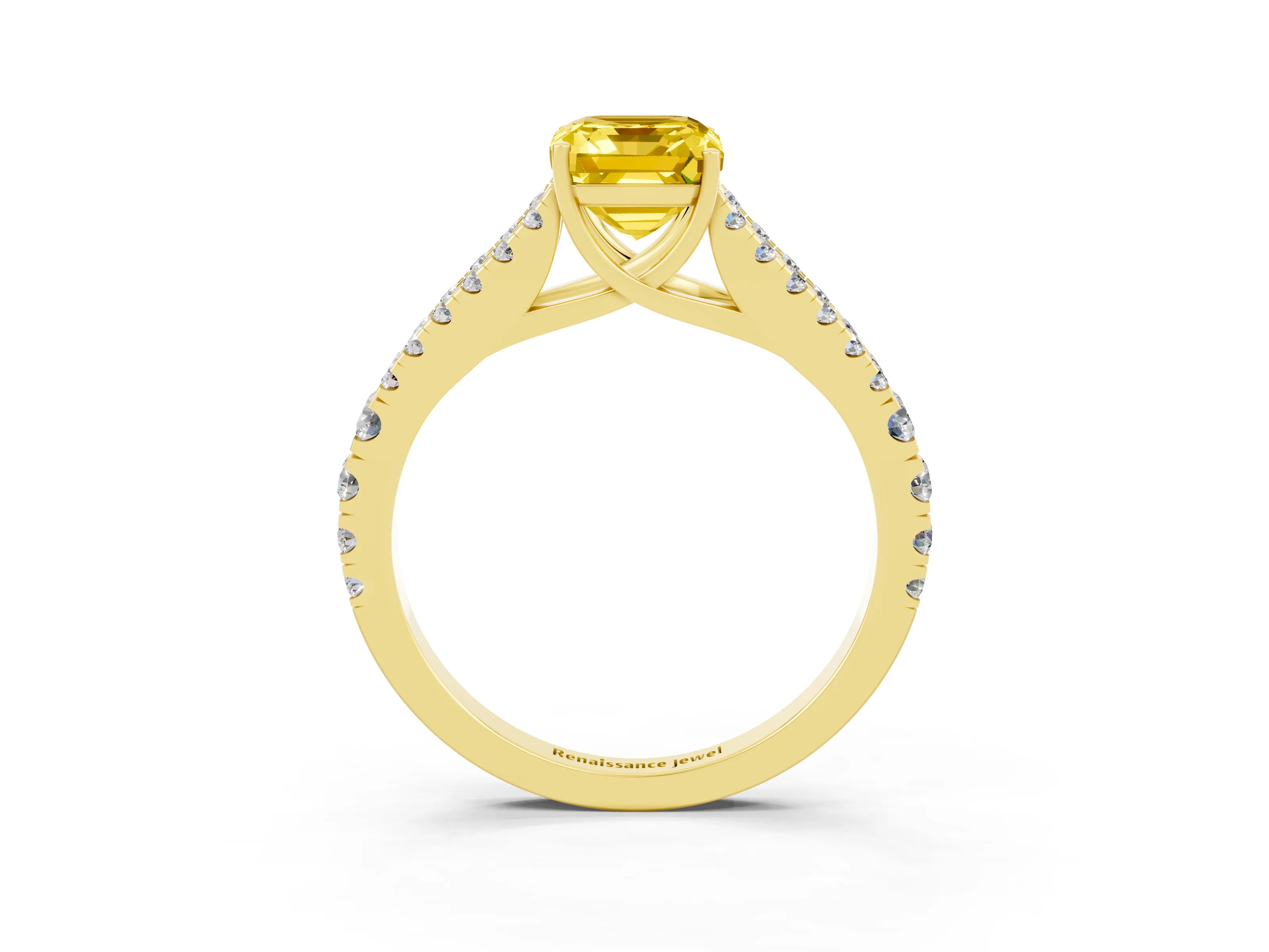 Yellow gold Emerald Cut Cut Split Shank Pave Diamond Engagement Ring with Four-Prong Setting_3