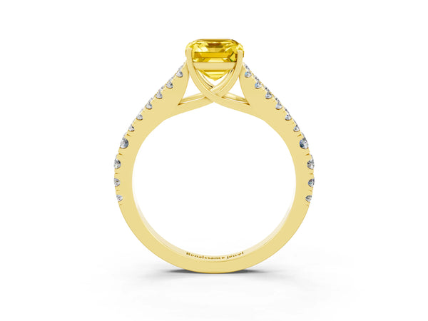 Yellow gold Emerald Cut Yellow Sapphire Split Shank Engagement Ring with Round Pavé and Prong Setting