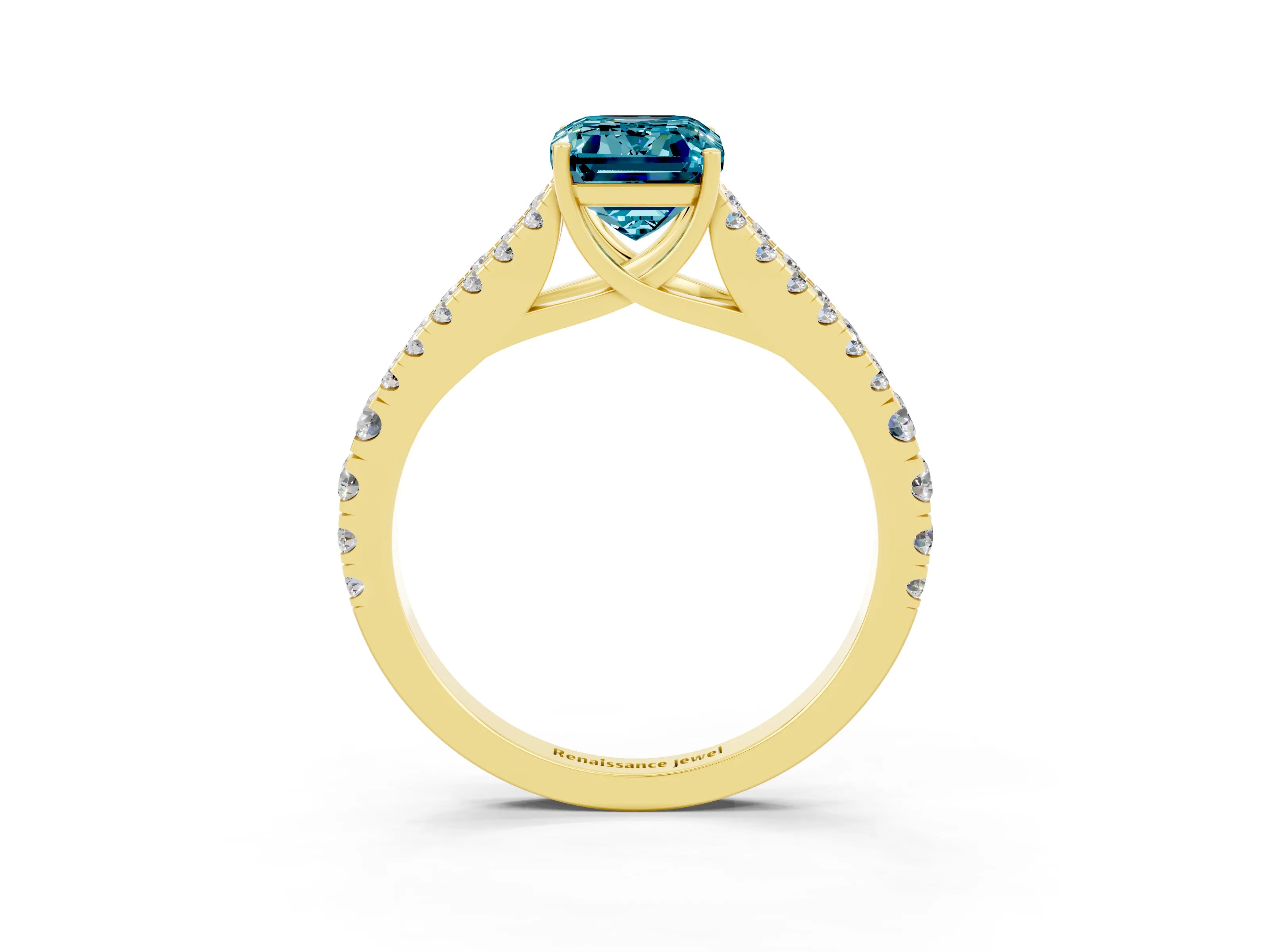 Yellow gold Emerald Cut Cut Split Shank Pave Diamond Engagement Ring with Four-Prong Setting_3
