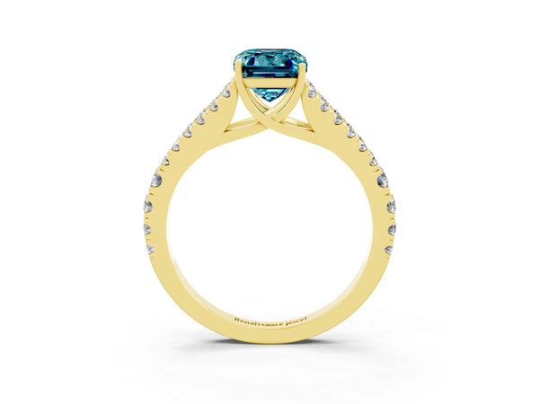 Yellow gold Emerald Cut Cut Split Shank Pave Diamond Engagement Ring with Four-Prong Setting