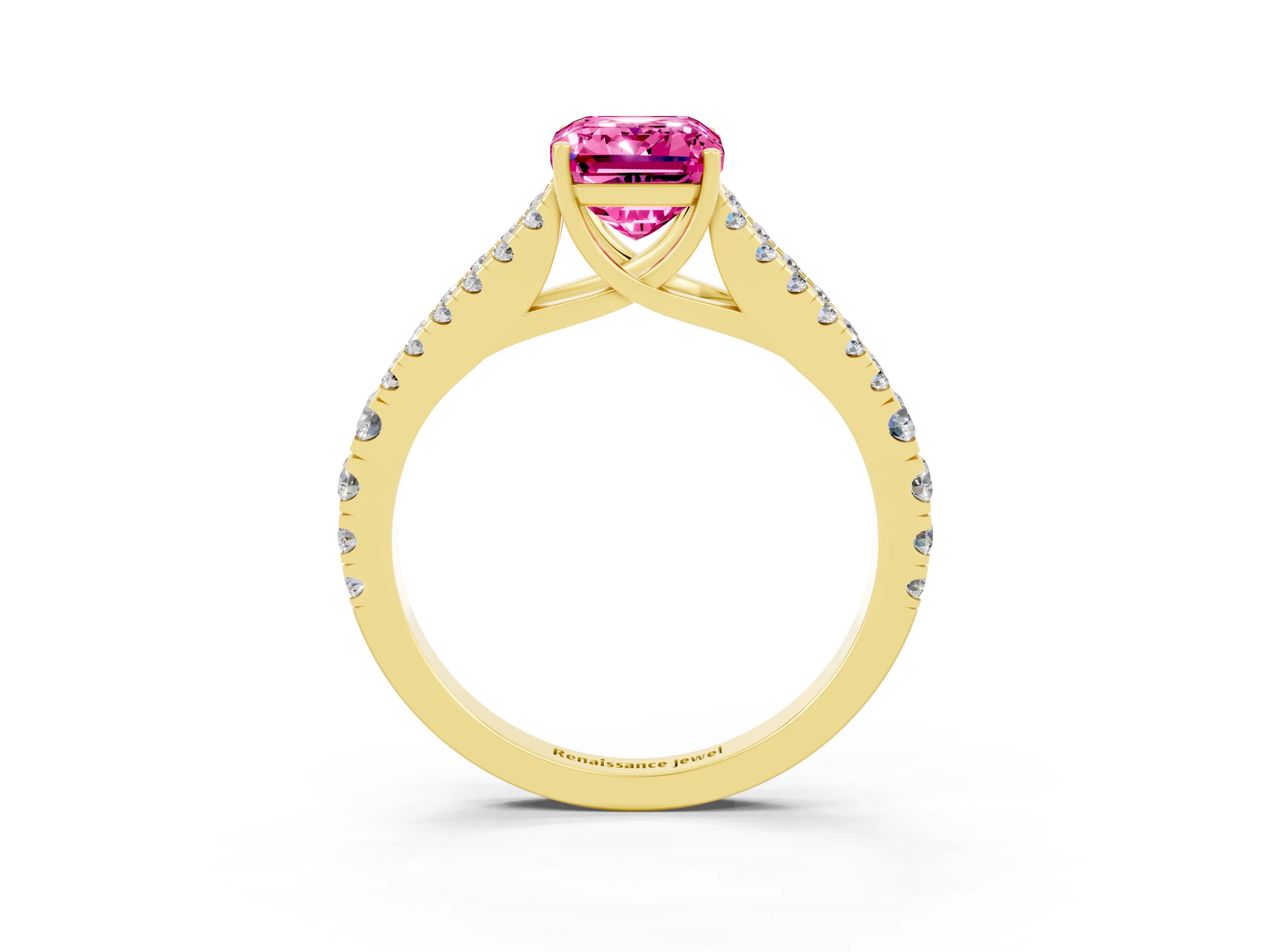 Yellow gold Emerald Cut Cut Split Shank Pave Diamond Engagement Ring with Four-Prong Setting_3