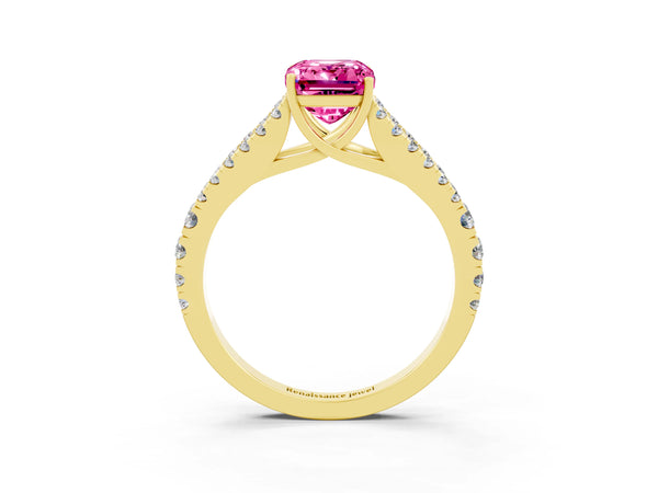 Yellow gold Emerald Cut Pink Sapphire Split Shank Engagement Ring with Round Pavé and Prong Setting