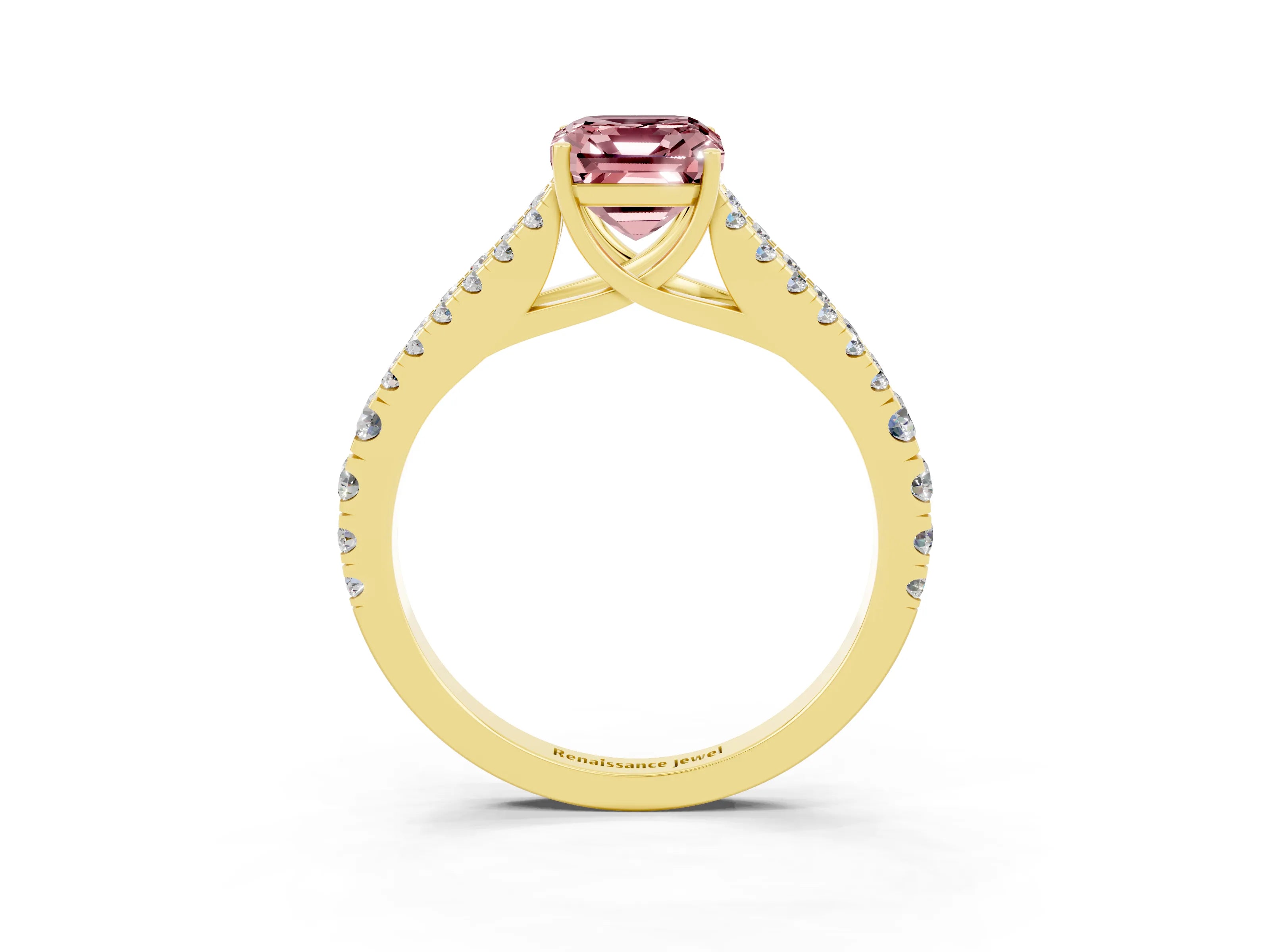 Yellow gold Emerald Cut Cut Split Shank Pave Diamond Engagement Ring with Four-Prong Setting_3
