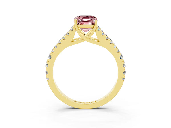 Yellow gold Emerald Cut Cut Split Shank Pave Diamond Engagement Ring with Four-Prong Setting