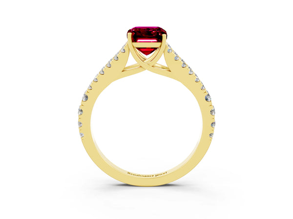 Yellow gold Emerald Cut Garnet Split Shank Engagement Ring with Round Pavé and Prong Setting