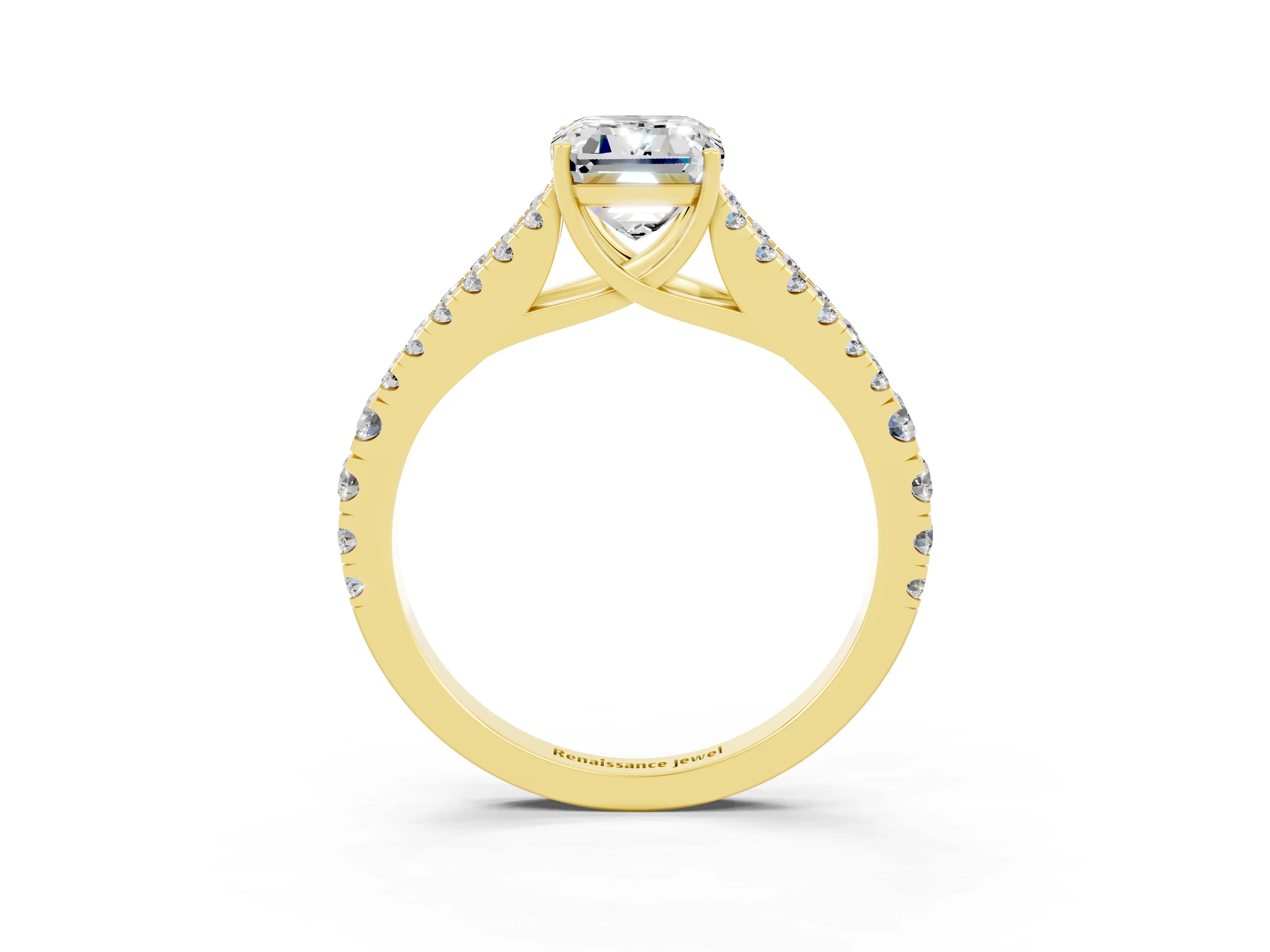 Yellow gold Emerald Cut Cut Split Shank Pave Diamond Engagement Ring with Four-Prong Setting_3